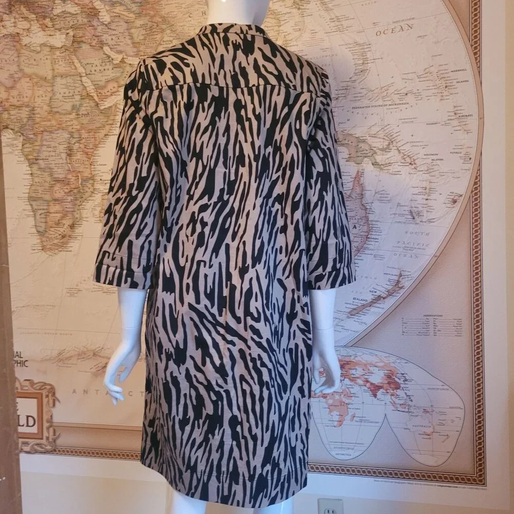 Dana Buchman Zebra Print Button-Down Shirt Dress Size 10 Black & Beige Office - Picture 2 of 8